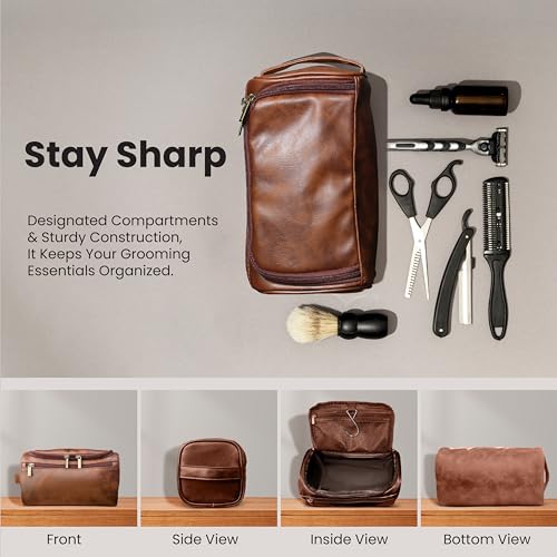 DRAVINA Travel Toiletry Pouch for Men & Women with Mesh & Hook Attachment| 25Cm Water Resistant PU Leather Vanity Case, Toiletry Kit, Travel Shaving Kit, Makeup & Cosmetic Organizer - Classic Brown - Image 4