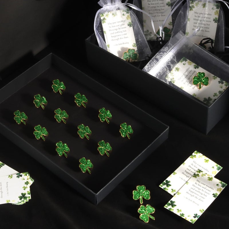 SINCCO 25/50/100 Sets St. Patricks Day Clover Lapel Pins Bulk Shamrock Pin Brooches with Irish Blessing Cards Gift Bags for St. Patrickâ€™s Day Party Favors Jewelry Accessories(50 Sets) - Image 4