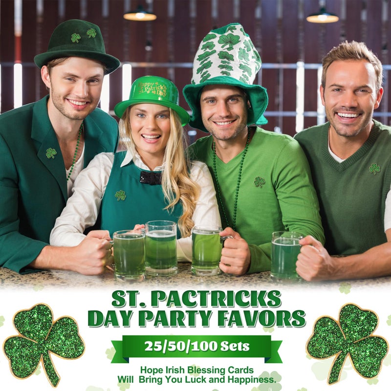 SINCCO 25/50/100 Sets St. Patricks Day Clover Lapel Pins Bulk Shamrock Pin Brooches with Irish Blessing Cards Gift Bags for St. Patrickâ€™s Day Party Favors Jewelry Accessories(50 Sets) - Image 5