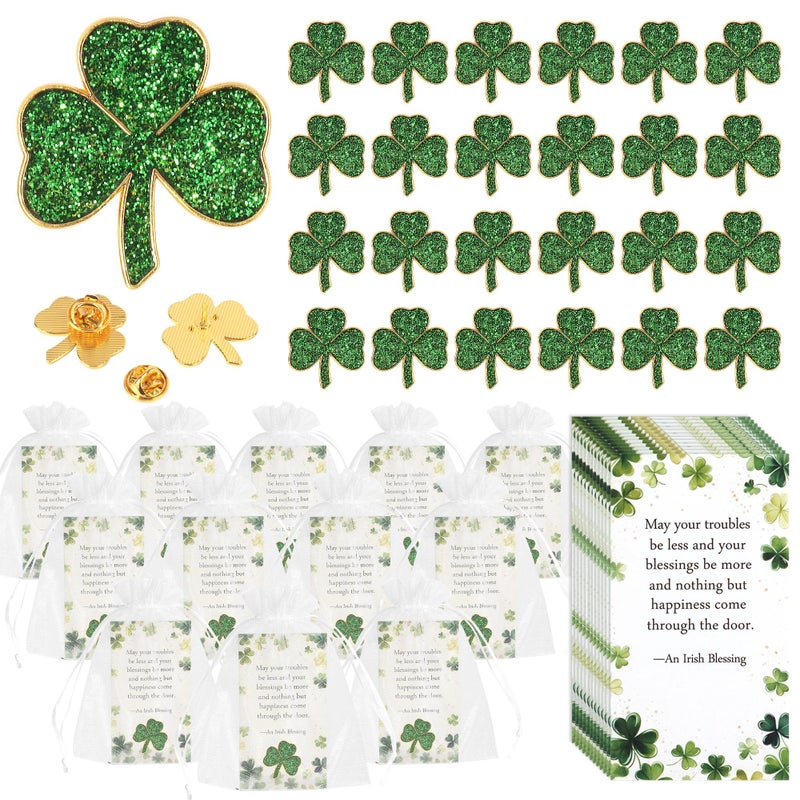 SINCCO 25/50/100 Sets St. Patricks Day Clover Lapel Pins Bulk Shamrock Pin Brooches with Irish Blessing Cards Gift Bags for St. Patrickâ€™s Day Party Favors Jewelry Accessories(50 Sets) - Image 1