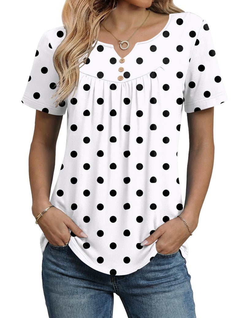 Zeagoo Polka Dot Top Short Sleeve Shirts for Women Summer Tunics Tops Work Blouse Dressy Casual V Neck Business Outfits XL White Dots - Image 2