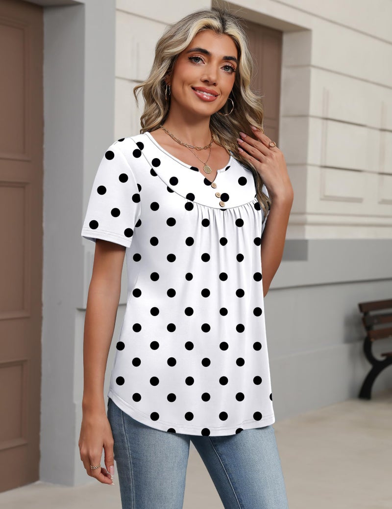 Zeagoo Polka Dot Top Short Sleeve Shirts for Women Summer Tunics Tops Work Blouse Dressy Casual V Neck Business Outfits XL White Dots - Image 4