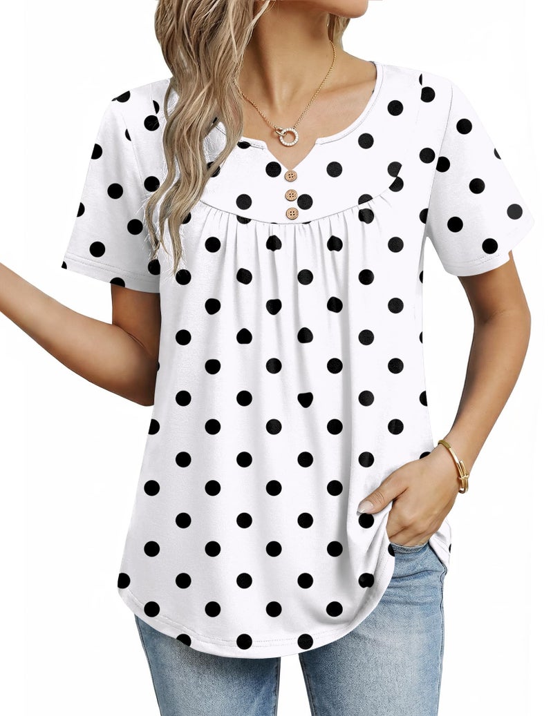 Zeagoo Polka Dot Top Short Sleeve Shirts for Women Summer Tunics Tops Work Blouse Dressy Casual V Neck Business Outfits XL White Dots - Image 1