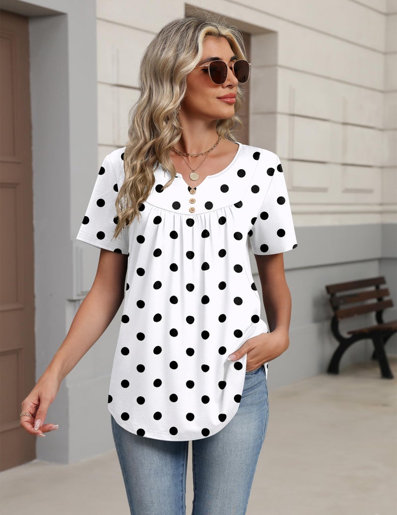 Zeagoo Polka Dot Top Short Sleeve Shirts for Women Summer Tunics Tops Work Blouse Dressy Casual V Neck Business Outfits XL White Dots - Image 3