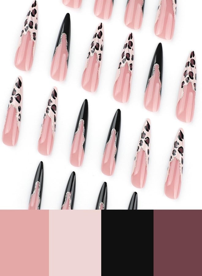 MISUD Press on Nails - Long Stiletto Glue on Nails with Black Cheetah, Acrylic Bling Glitter Design 24 pcs - Image 5