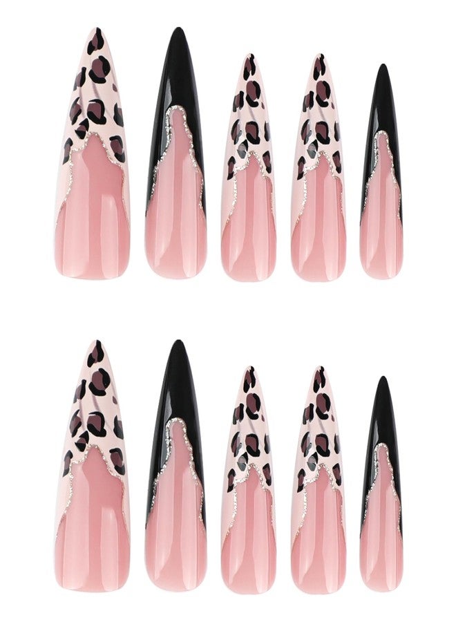 MISUD Press on Nails - Long Stiletto Glue on Nails with Black Cheetah, Acrylic Bling Glitter Design 24 pcs - Image 2