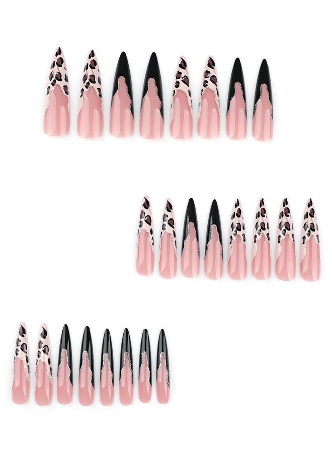 MISUD Press on Nails - Long Stiletto Glue on Nails with Black Cheetah, Acrylic Bling Glitter Design 24 pcs - Image 3