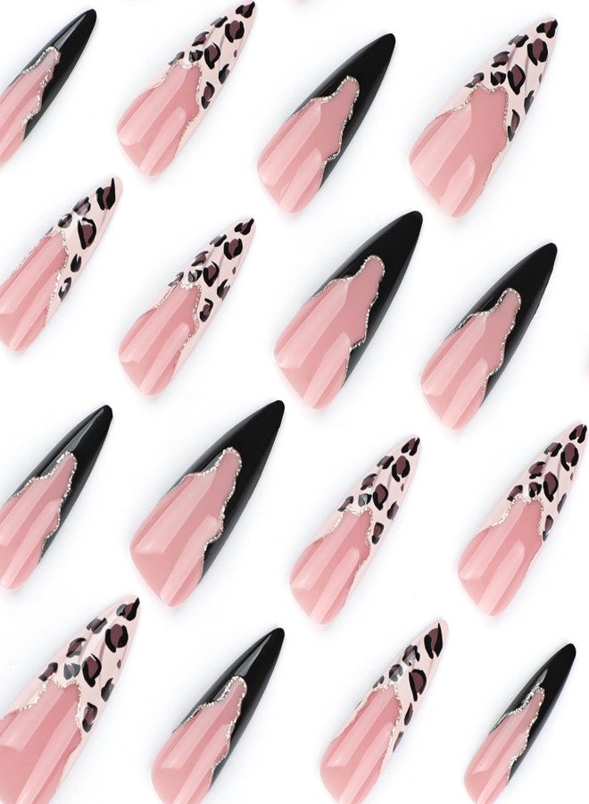 MISUD Press on Nails - Long Stiletto Glue on Nails with Black Cheetah, Acrylic Bling Glitter Design 24 pcs - Image 4
