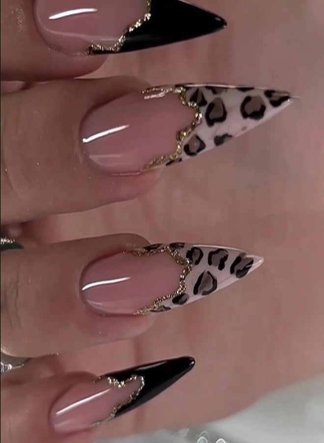 MISUD Press on Nails - Long Stiletto Glue on Nails with Black Cheetah, Acrylic Bling Glitter Design 24 pcs - Image 1