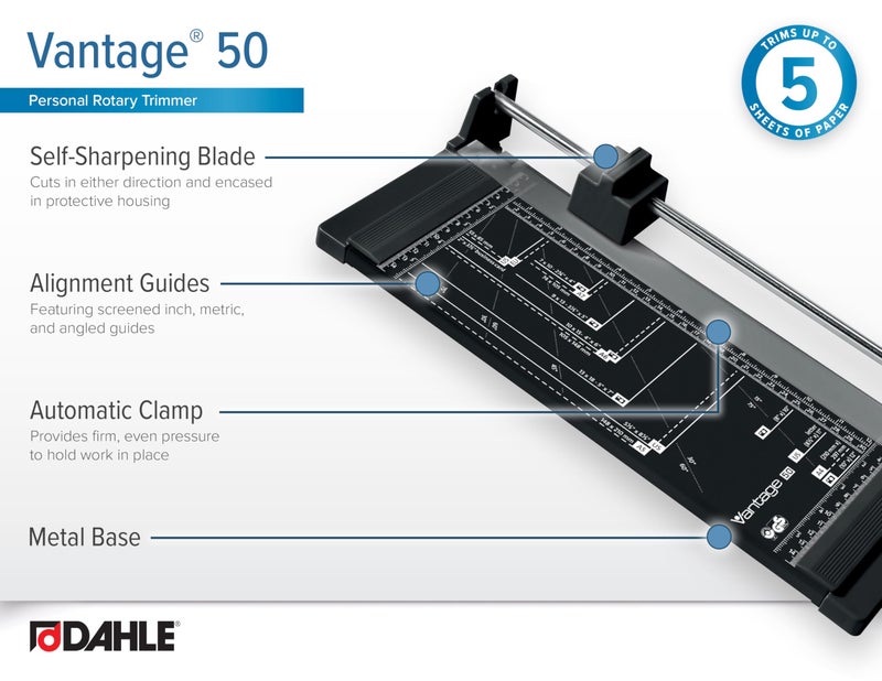 Vantage Dahle Vantage 50 Rotary Trimmer, 12" Cut Length, 5 Sheet Capacity, Self-Sharpening, Automatic Clamp, German Engineered Paper Cutter - Image 5