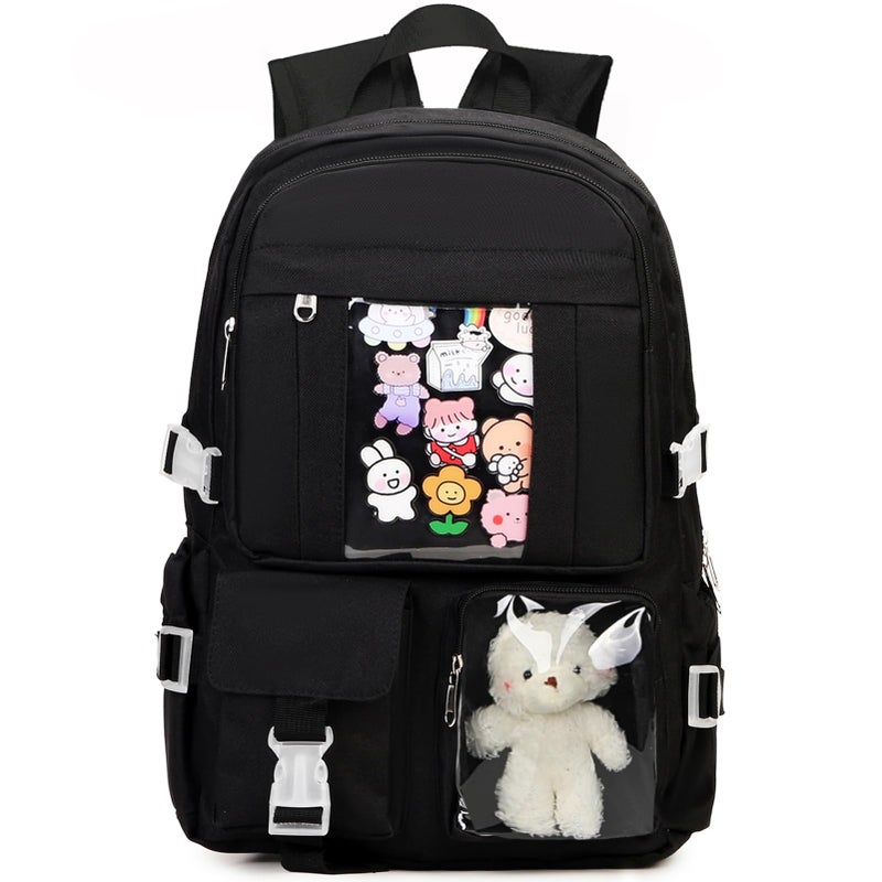 PRLINJSK Kawaii Backpack for Teen Girls, Cute Aesthetic High Middle School College Bookbag with Accessories, Black - Image 1