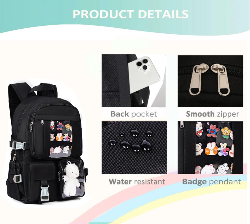 PRLINJSK Kawaii Backpack for Teen Girls, Cute Aesthetic High Middle School College Bookbag with Accessories, Black - Image 5