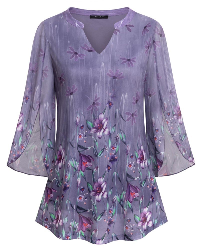VALOLIA Business Casual Top for Women, Women Floral Blouse, Plus Size Tops for Women Fall 3/4 Tunic Tops to Wear with Leggings Trendy V-Neck Dressy Shirts for Work Office Wear Purple XXX-Large - Image 1