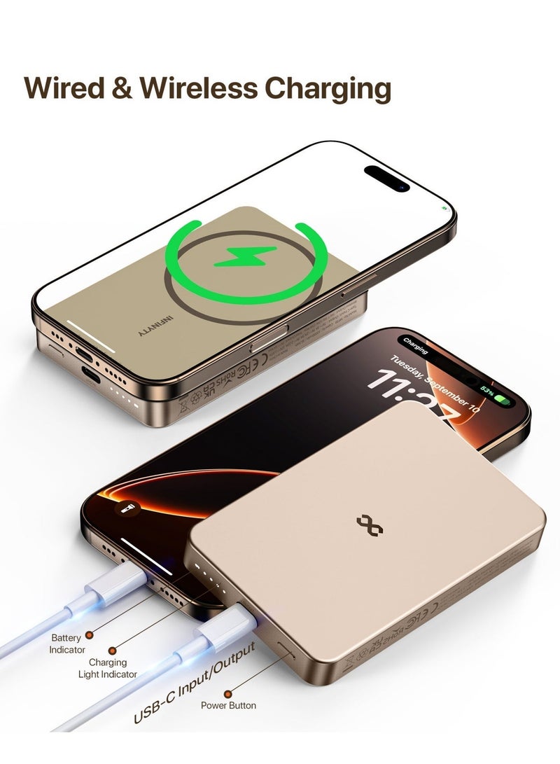 INFINYTY Power Bank 10000mAh Wired & Wireless Charging, Magsafe Compatible, 1 Year Warranty, Desert Titanium, Ultra-Slim 12.4mm, USB-C 20W Fast Charging, Compact, Light Weight, Portable, Premium Aluminum Alloy and Glass Body, Versatile Compatibility with Smartphones - Image 2