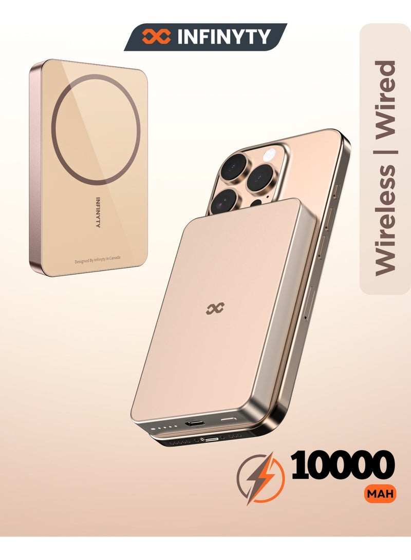 INFINYTY Power Bank 10000mAh Wired & Wireless Charging, Magsafe Compatible, 1 Year Warranty, Desert Titanium, Ultra-Slim 12.4mm, USB-C 20W Fast Charging, Compact, Light Weight, Portable, Premium Aluminum Alloy and Glass Body, Versatile Compatibility with Smartphones - Image 1