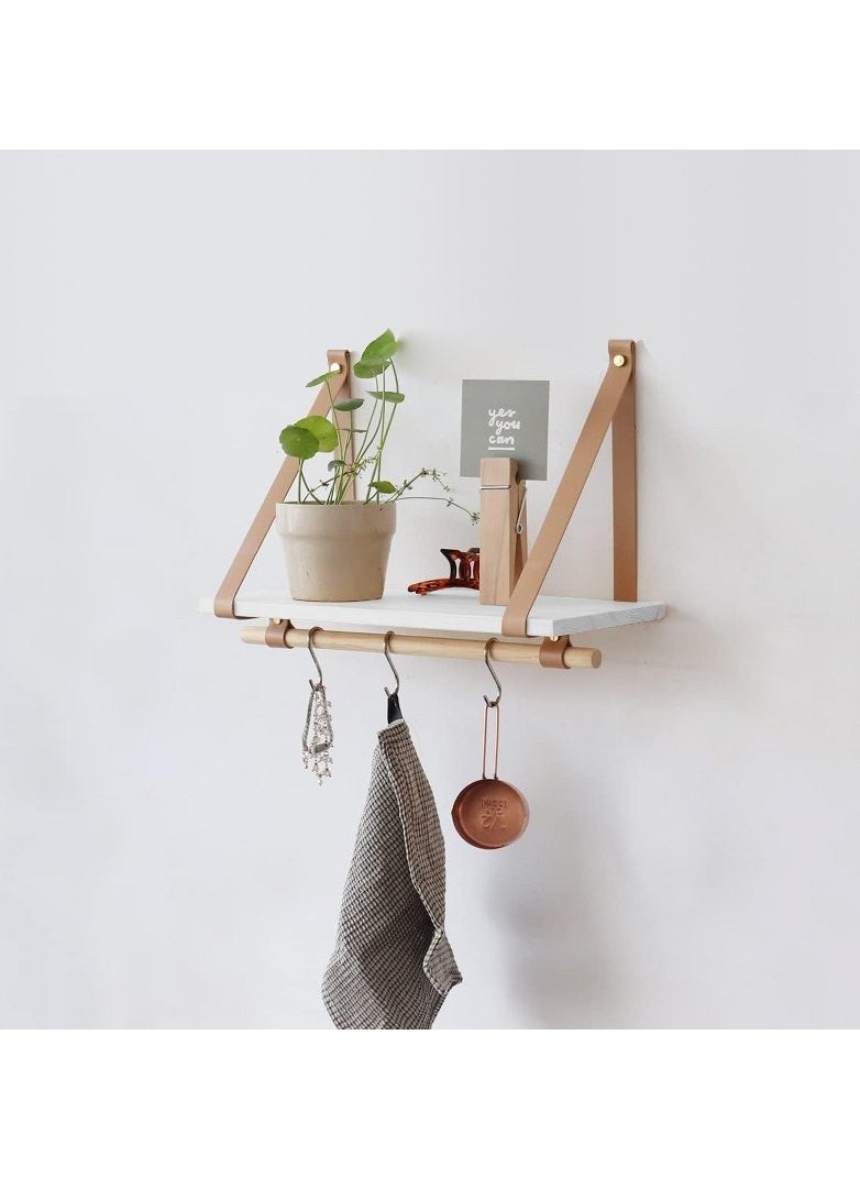 Home Gallery PU Biege Leather Strap Wall Floating Shelf  White  - Image 1