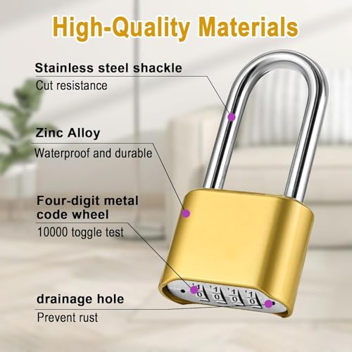Jukusa Heavy Duty 4-Digit Combination Padlock Brass | Resettable Code Lock with 10,000 Combinations & 8mm Alloy Steel Long Shackle | High Security Metal Padlock for Gym, Locker, Gate & Travel (Gold) - Image 5