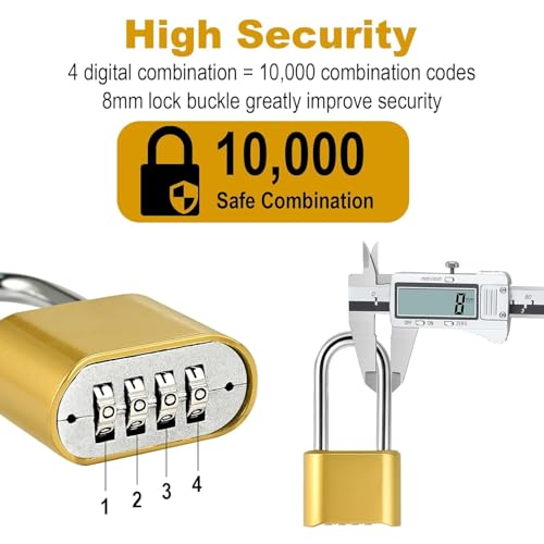 Jukusa Heavy Duty 4-Digit Combination Padlock Brass | Resettable Code Lock with 10,000 Combinations & 8mm Alloy Steel Long Shackle | High Security Metal Padlock for Gym, Locker, Gate & Travel (Gold) - Image 3