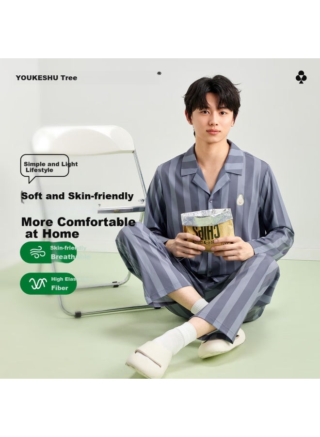 Youkeshu Men's Pajamas, Spring New Style, Soft Comfortable Striped Cardigan, Long-sleeve Long Pants, Casual Home Wear Set - Image 1