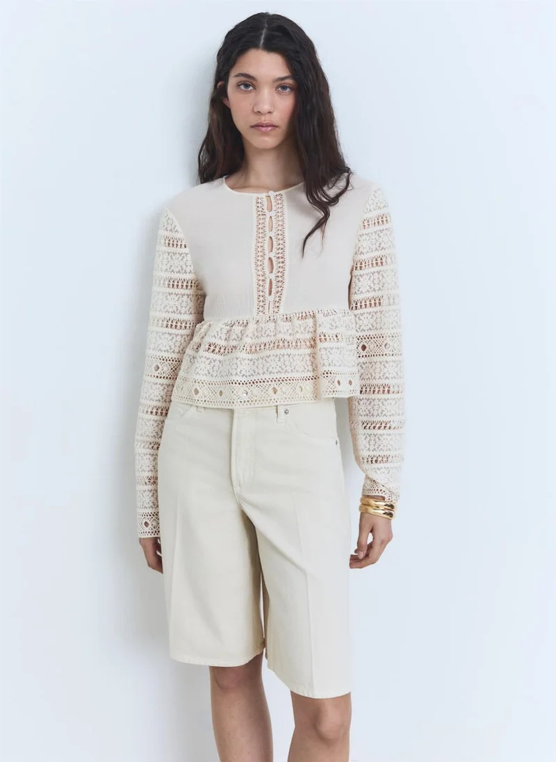MANGO Openwork Details Embroidered Cotton Blouse