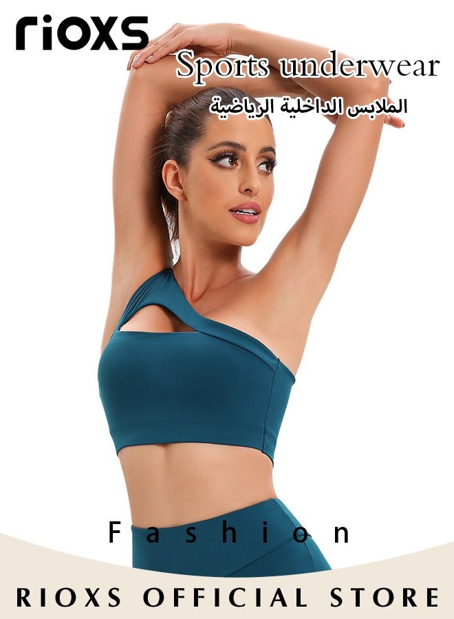 RIOXS Women's One Shoulder Sports Bra, Wireless Padded Yoga Bras for Ladies, Breathable Halter Style Medium Support Workout Bra, Asymmetrical One Shoulder Workout Crop Tank Tops for Jogging Yoga, Cycling, Bowling, Tenis and More, Blue - Image 5