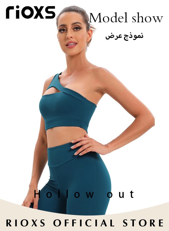 RIOXS Women's One Shoulder Sports Bra, Wireless Padded Yoga Bras for Ladies, Breathable Halter Style Medium Support Workout Bra, Asymmetrical One Shoulder Workout Crop Tank Tops for Jogging Yoga, Cycling, Bowling, Tenis and More, Blue - Image 4