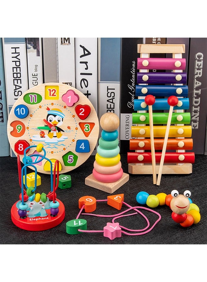 Children's intellectual toys, wooden twister caterpillar clock percussion fiddle round bead rainbow tower, gift set loose, gift for children  - Image 1