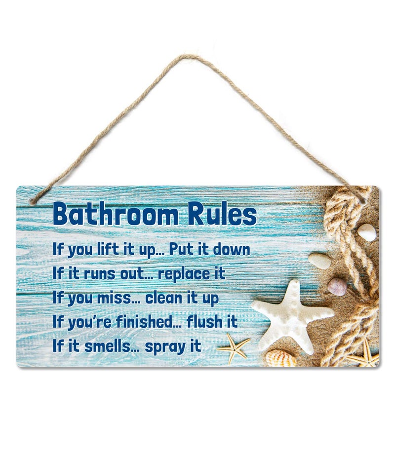 Fun-Plus Bathroom Rule Sign Decor, 12â€³x6â€³ PVC Plastic Wall Decoration Hanging Sign, Water and Humidity Proof, Starfish theme Beach Bathroom Reminder Accessories - Image 1