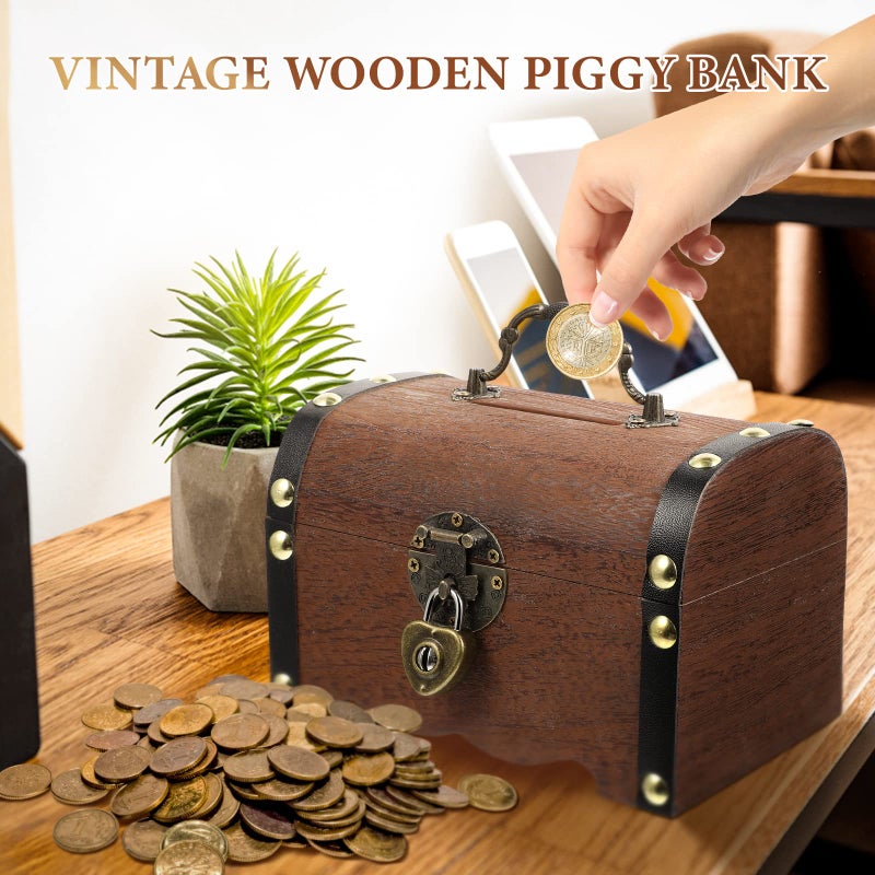 IMIKEYA Piggy Bank: Vintage Wood Treasure Chest Rustic Small Wooden Box Decorative Coin Bank Money Bank Money Saver Storage Box for Wedding Home Decor - Image 2