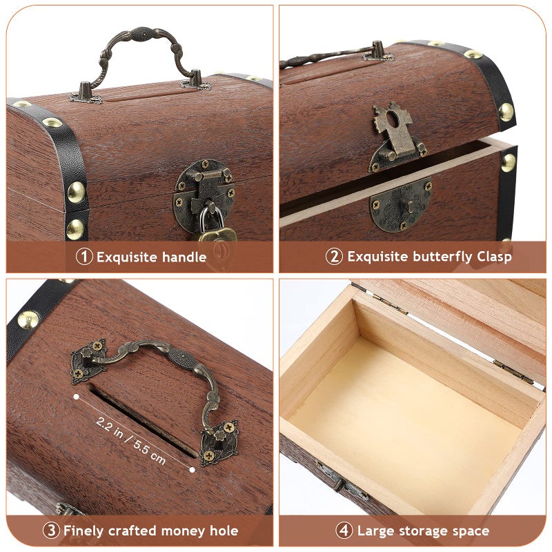 IMIKEYA Piggy Bank: Vintage Wood Treasure Chest Rustic Small Wooden Box Decorative Coin Bank Money Bank Money Saver Storage Box for Wedding Home Decor - Image 3