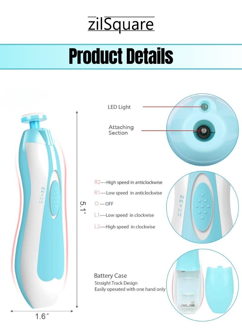 zilSquare Baby Nail Grinder Kit Electric Infant Nail Trimmer with Soft Filing Heads LED Light Quiet Motor 2 Speed Safe Painless Newborn Nail File Toddler Nail Grooming Tool Portable Battery Powered Manicure Set Gentle Nail Care Buffer for Kids and Moms - Image 5