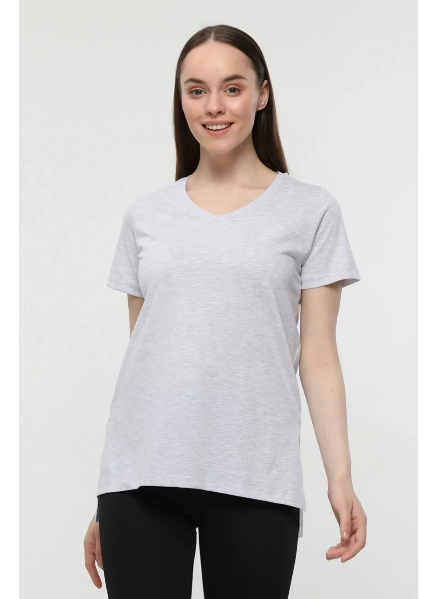 Defy'S Women's V Neck Back Long T-Shirt Snow Melange - L