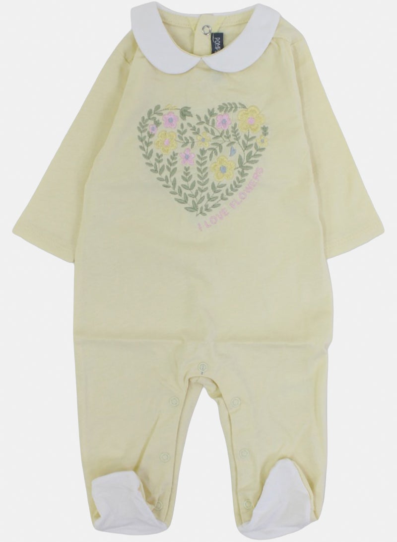 Baby Girls Cotton Baby Footie Onesie – Yellow with Flowers Print