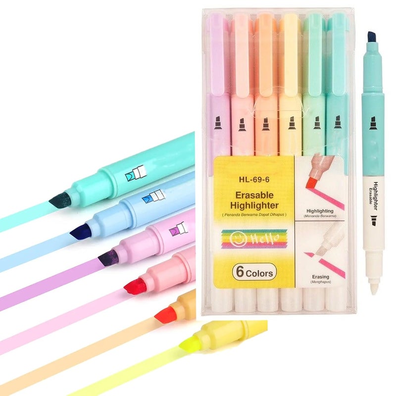 KLIFFOO Erasable Highlighters Pens Set of 6 Colors Clear View Chisel Tip Highlighter Marker Pastel for Study, School, Home, & Office Use, Easily Erase What You Highlight, Non-Toxic, Multi-Color - Image 1