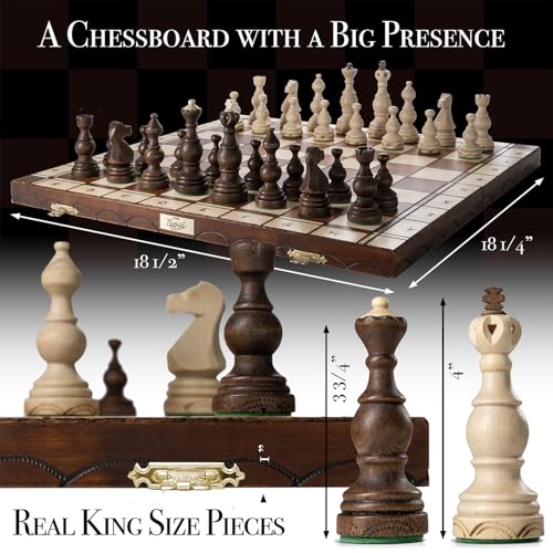 Wegiel Legate Luxury Wooden Chess Set for Adults and Kids 18 Inch Handcrafted from Premium Beech and Birch Wood Unique Folding Design with Chess Piece Storage - Image 5