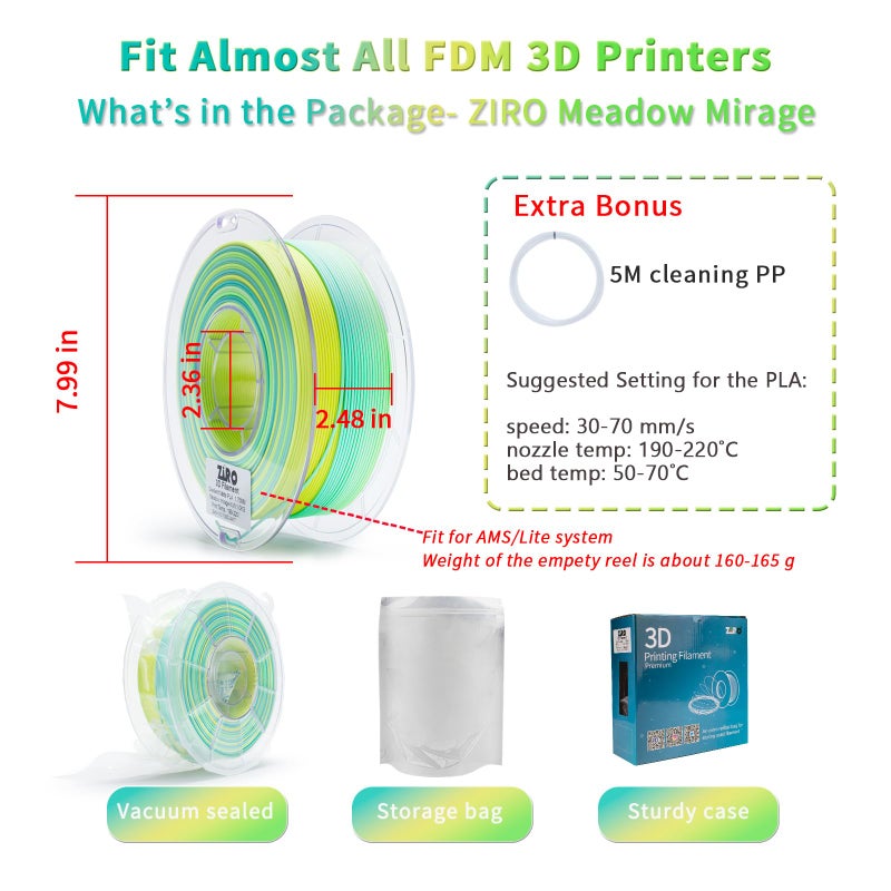 ZIRO 3D Printer Filament, Fast Color Change Filament 1.75mm, Color Gradient Material, Rainbow PLA Filaments, Dimensional Accuracy +/- 0.03mm, 1KG Spool, Meadow Mirage(Matte) - Image 5