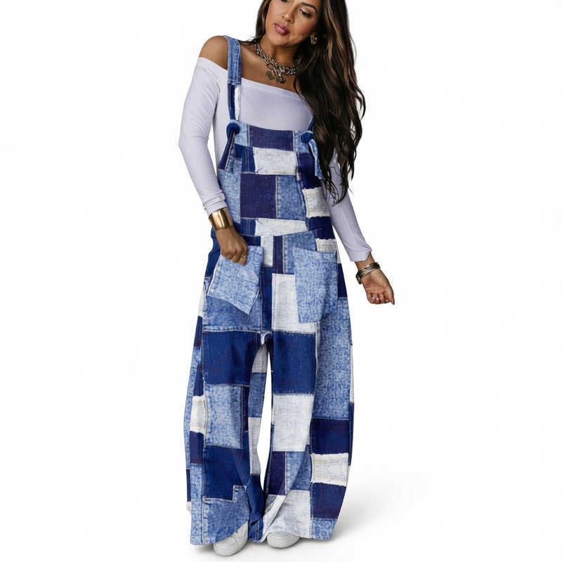 Women's Printed Waistband Suspenders Pants Long Trousers - Image 1