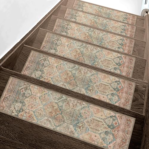 sarben Carpet Stair Treads Non Slip 15PCS, 8" X 30" Edging Stair Runner for Wooden Steps Indoor, Resistant Stair Rugs with Reusable TPE Adhesive Backing, Residue Mat for Elders, Pets, Cedarwood/Sage - Image 1