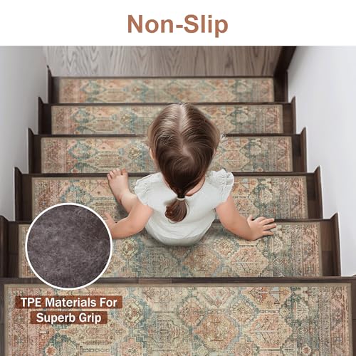 sarben Carpet Stair Treads Non Slip 15PCS, 8" X 30" Edging Stair Runner for Wooden Steps Indoor, Resistant Stair Rugs with Reusable TPE Adhesive Backing, Residue Mat for Elders, Pets, Cedarwood/Sage - Image 3