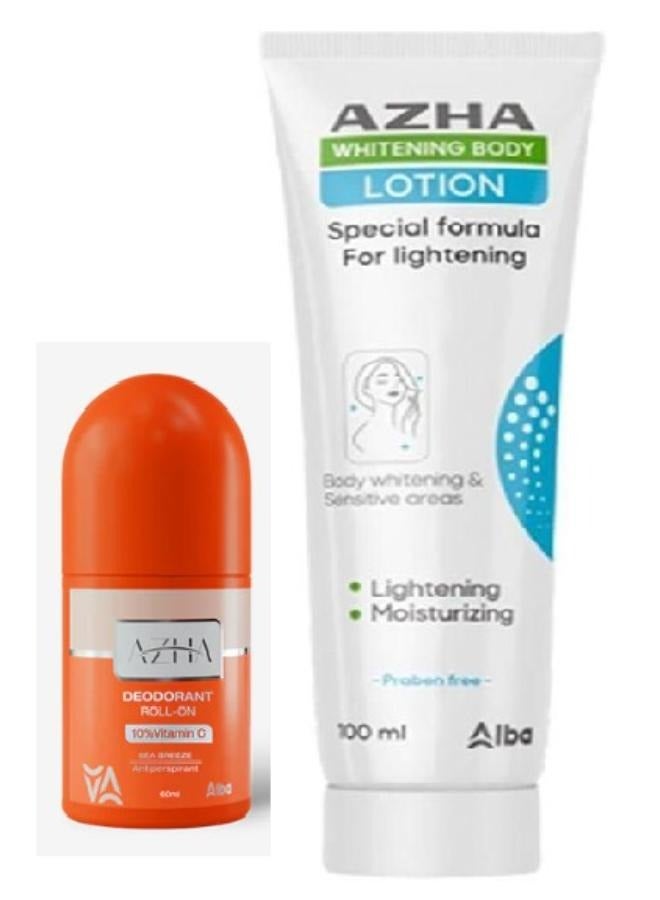 AZHA Whitening Body Lotion Special Formula For Lightening 100 gm+ Roll-On Whitening Deodorant Sea Breeze Delays Hair Growth Secret 60 ML - Image 1