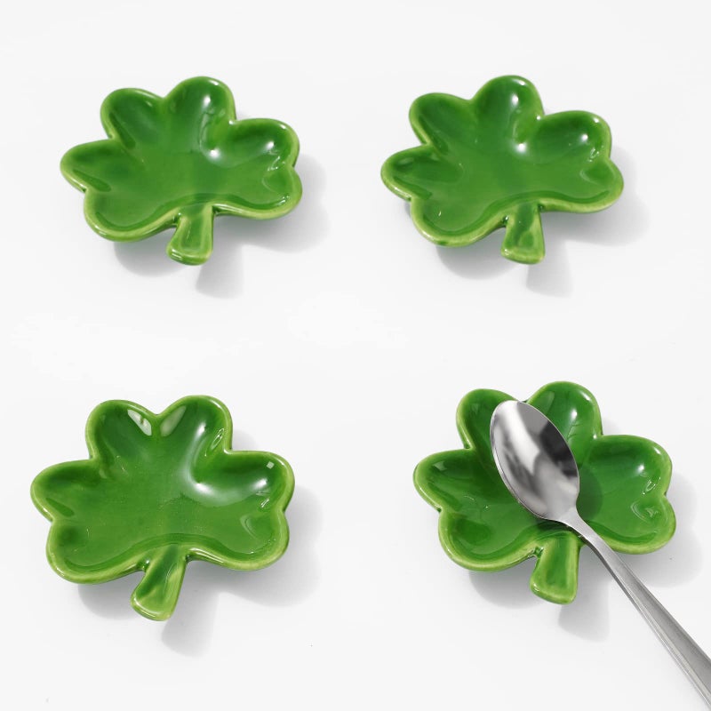 Whaline 4 Pcs 27 Inch St Patricks Day Mini Ceramic Spoon Rest Gradient Green Shamrock Small Coffee Spoon Holder Clover Ring Dish for Irish Holiday Home Coffee Station Bar Accessories - Image 2