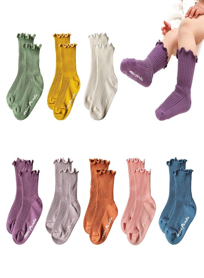 MINI PANDA Baby Non-Slip Crew Socks with Frilly Ruffled for Infants Toddlers Little Kids Little Girls 8 Pairs - Image 1