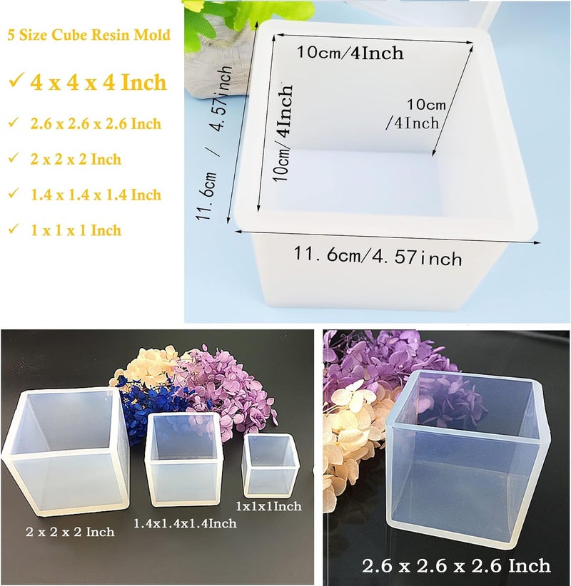 ModWgGuo 5 Pieces Cube Resin Mold (4", 2.6", 2", 1.4", 1") - Square Silicone Molds for Candle Soap Making, Jewelry Holder, Insect Specimen - 4 Inches - Image 2