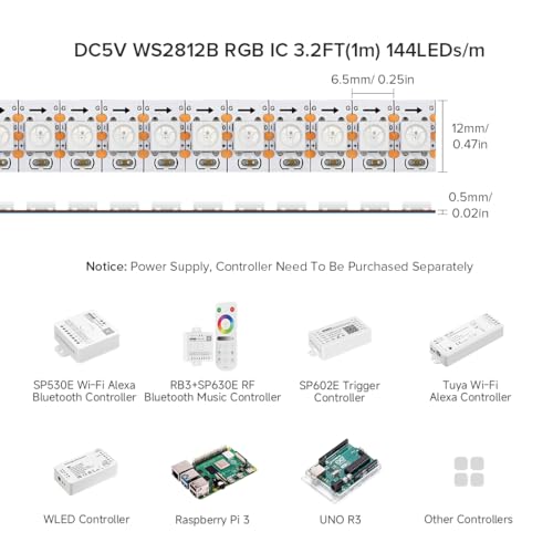BTF-LIGHTING WS2812B IC RGB 5050SMD Pure Gold Individual Addressable LED Strip 3.28FT 144LED 144Pixel/m Flexible Full Color IP30 DC5V for DIY Chasing Color Project(No Adapter or Controller) - Image 4