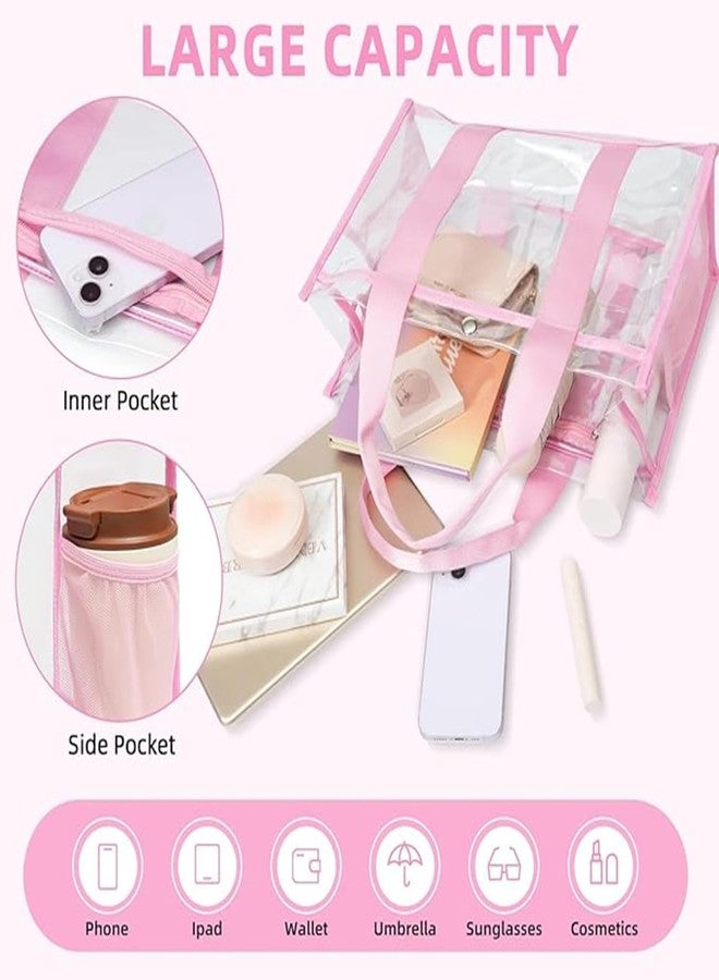 باجيل حقيبة باجيل الشفافة، حقيبة حمل شفافة معتمدة للاستخدام في الملاعب مع جيب داخلي، حقيبة سفر شفافة مناسبة للفعاليات الرياضية والحفلات الموسيقية والعمل، لون وردي، مناسبة لجميع الفصول - Image 4