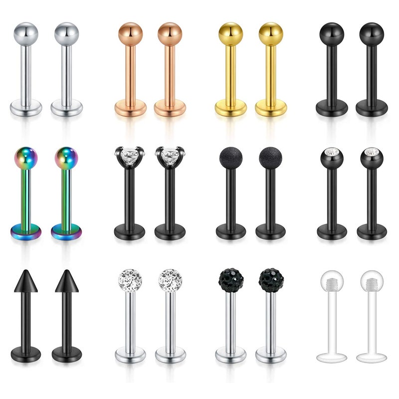 Mayhoop 16G 24Pcs Stainless Steel Labret Studs Lip Rings Retainer Cartilage Tragus Helix Earring Barbell Medusa Piercing Jewelry with Clear Diamond CZ 8mm Bar Length For Women Men - Image 1