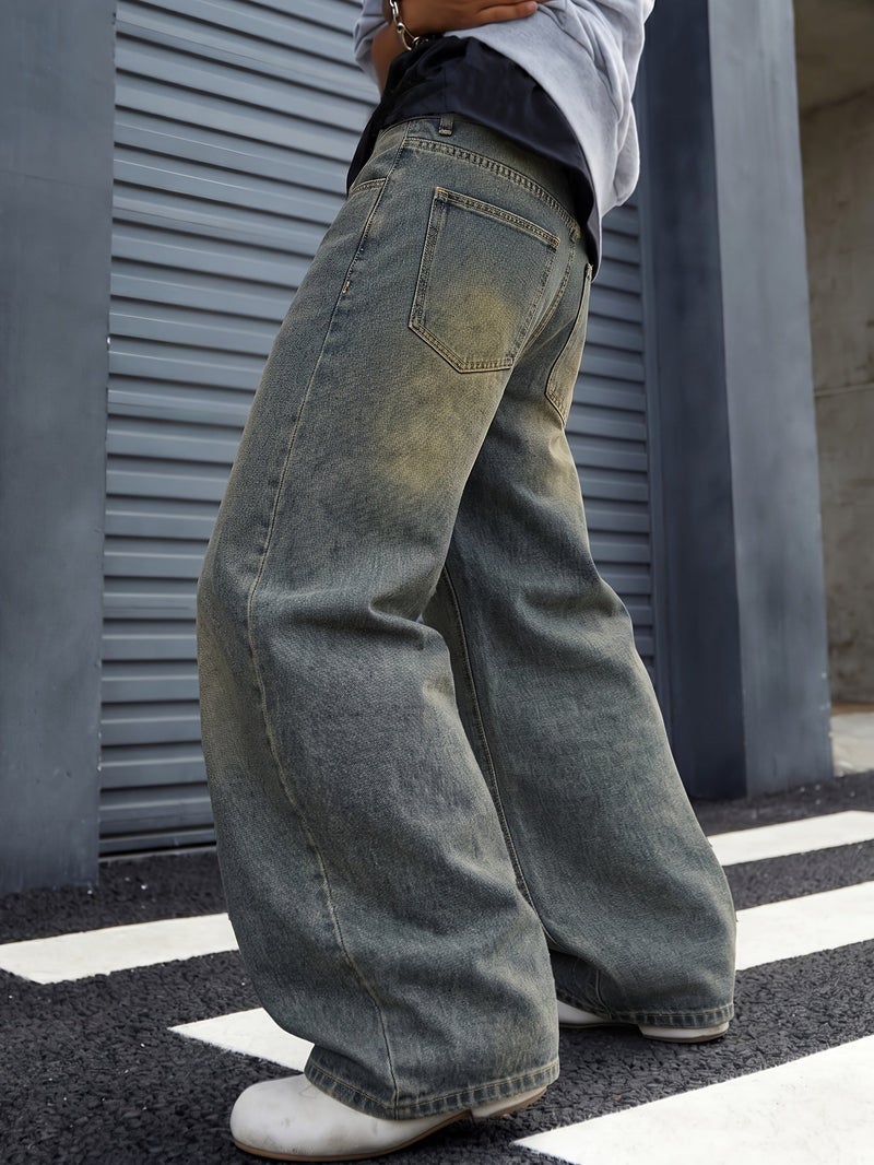 Y2K Ultra Wide Leg Pants Men Baggy Wash Denim Old School Hip-Hop Style Modern Street Jeans - Image 2