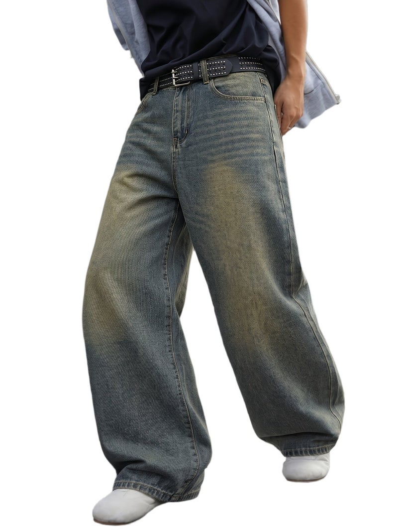Y2K Ultra Wide Leg Pants Men Baggy Wash Denim Old School Hip-Hop Style Modern Street Jeans - Image 1