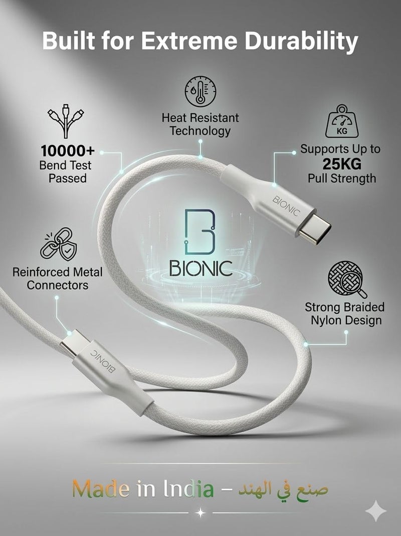 بيونيك كابل شحن سريع من نوع بقوة 45 واط، منفذ USB-C إلى USB-C، طوله 1 متر، يدعم تقنيات الشحن عالي السرعة PD 3.0 وPPS، مصنوع من خيوط نايلون متشابكة؛ متوافق مع أجهزة iPhone 16/15، Samsung Galaxy S24 Ultra/S23، Huawei، Oppo، Vivo، وجميع الأجهزة التي تستخدم منفذ Type-C. - Image 5