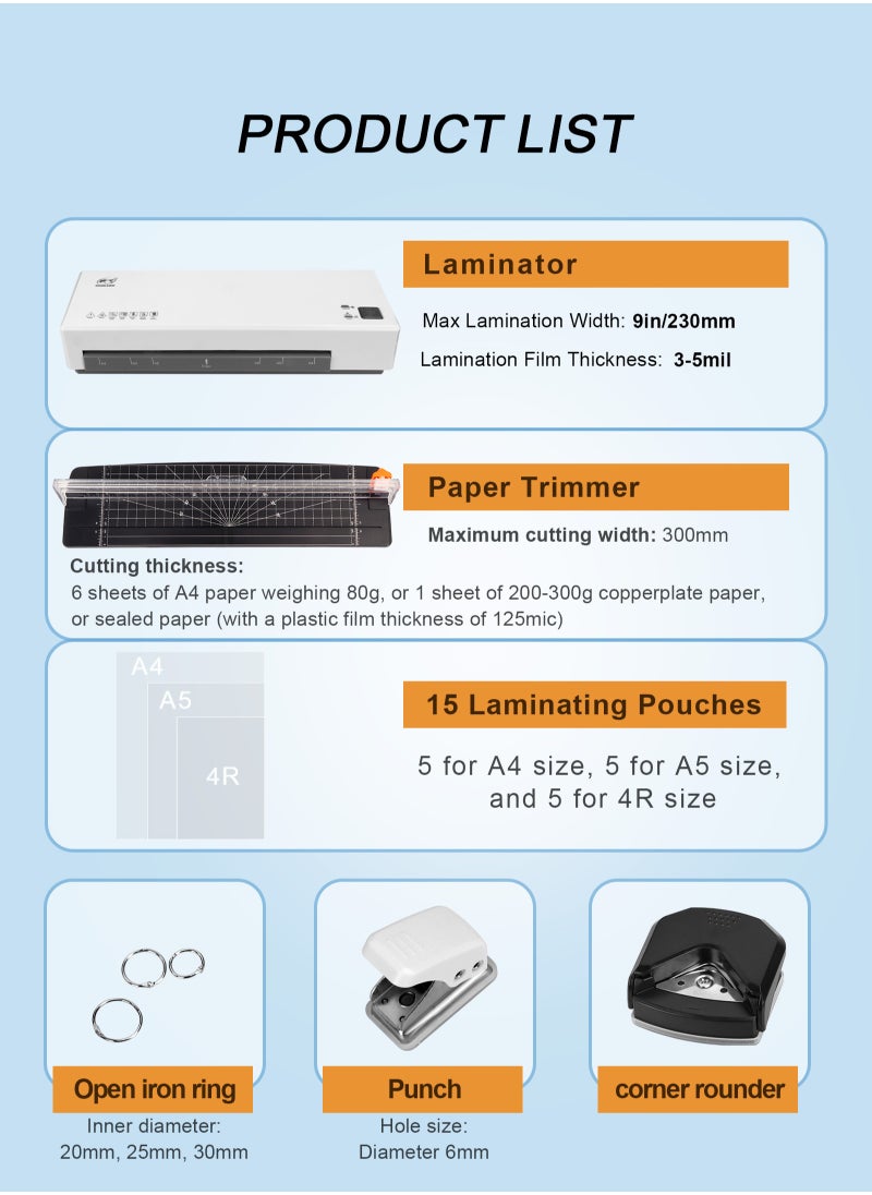 HomarKet Laminator, Laminator Machine with Hot and Cold Settings and 15 Pouches, 4 in 1 A4 laminator with Paper Trimmer and Corner Rounder, 9 Inches Personal Laminator for Home School Office  - Image 3